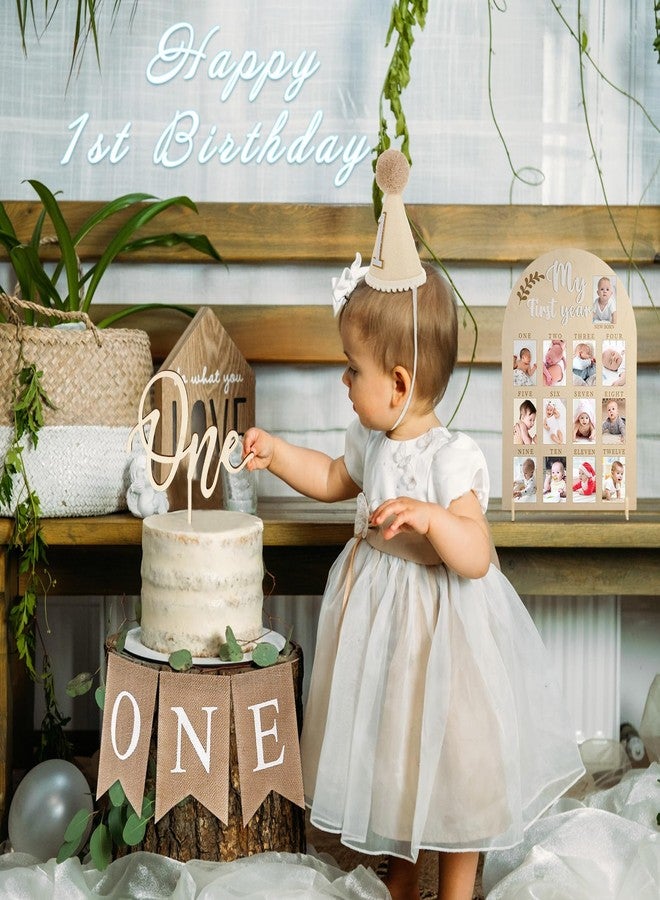 DoubleFill لوحة صور "عامي الأول" مكونة من 4 قطع، تتسع لصور مقاس 2 × 3 بوصة، لوحة عرض خشبية لعيد الميلاد الأول، إطار صور لمراحل عمر الطفل 12 شهرًا، لافتة كرسي مرتفع، قبعة مخروطية، زينة كعكة، هدية عيد ميلاد عام واحد للمولود الجديد - Image 5